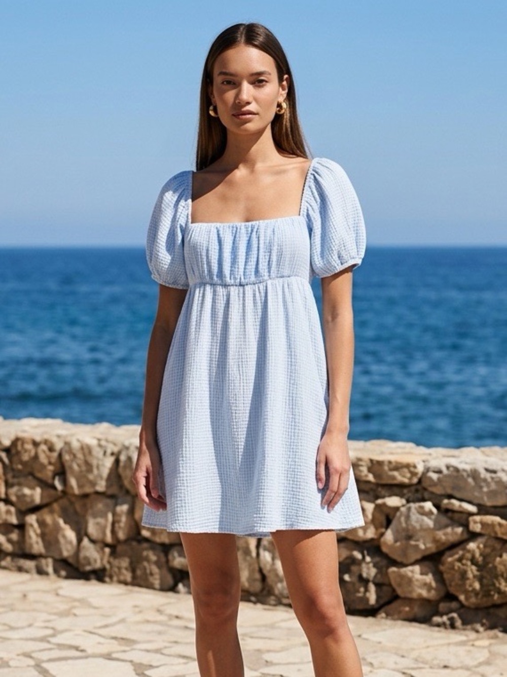 Princess Polly XX Blue Gauze Open Back Puff Sleeve Babydoll Mini Dress Size 4
